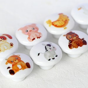 Barn animals nursery knobs, dog knobs, ceramic kid room knobs, chicken knobs, cow knobs, farm animals handles