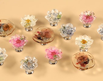 Clear Flower Drawer Knobs, Pink Floral Cabinet Knobs, Floral cupboard Dresser Handles Furniture Hardware Cupboard Pulls
