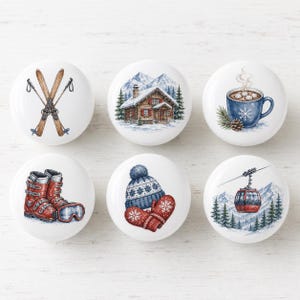 Alpine Ski Chalet Winter Lodge Ceramic Cabinet Knobs, Mountain Ski Round Drawer Pulls, Dresser Door Knobs, Kitchen Hardware