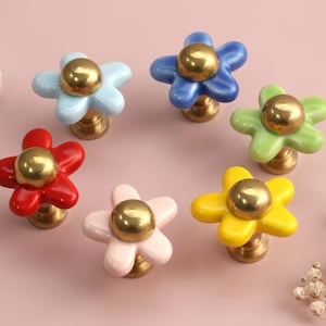 Boutons de porte en céramique en forme de marguerite, poignées de tiroir fleuries colorées, boutons de porte de commode, centre doré, quincaillerie fantaisie pour meubles - 3 cm