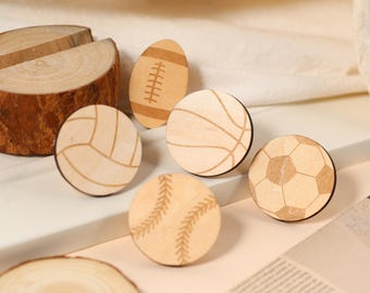 Wooden football cabinet knob, sport themed kid room handles hardware, nursery wood door drawer handles, wood dresser knobs