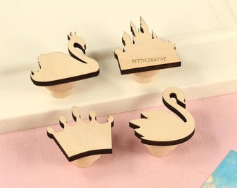 Wooden crown cabinet handles, Crowned Swan nursery drawer knobs for Ikea, Custom Engraved castle wood door pull, wood dresser knobs