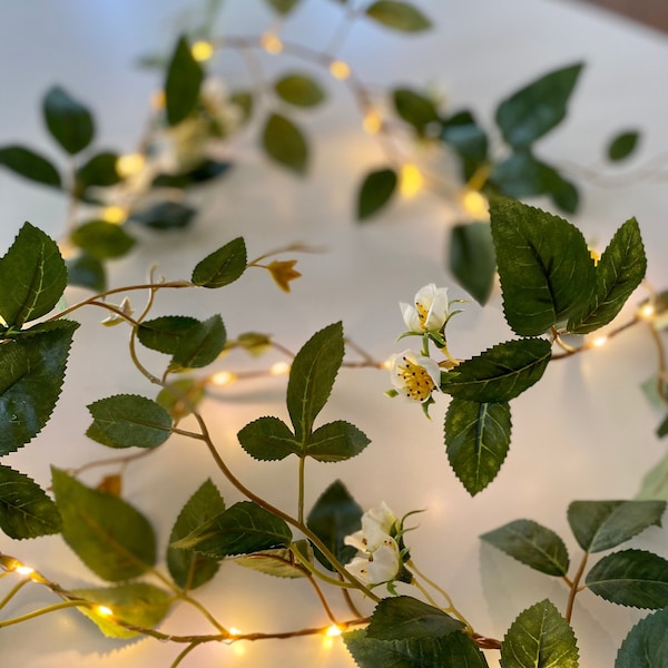 Fairy Lights Fake Vine Bedroom Decor for Teen Girl | White Roses Garland | Table Decor Flower Garland | Battery Operated Indoor Fairy Lights