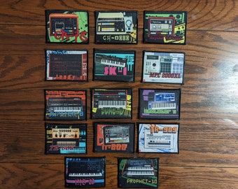 May include: A collection of square patches featuring vintage synthesizers and drum machines. Each patch displays a different model, including the CR-0000, MPC 2000XL, and TR-808, with colorful graphic designs and text.