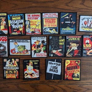 May include: A collection of rectangular patches with vintage-style graphics and text. The patches feature images and text related to drugs, alcohol, and counterculture themes. The color palette includes red, yellow, blue, and black.