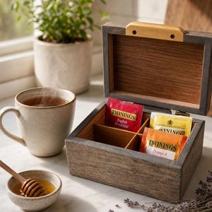 May include: A wooden tea box with a light brown handle, containing tea bags. A mug of tea steams next to a small bowl of honey and a honey dipper. A small potted plant and lavender sprigs are also visible.
