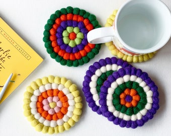 Felt Ball Coasters Set, Colored Concentric Circles Wool Felt Coasters, Felted Coaster, Tea Coasters, Drink Coasters, Size 10cm Each