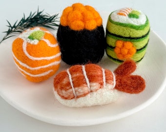 Felted Sushi, 4 Styles, Pretend Play Food, Toy Food, Kitchen Decor, Craft Supplies for Making Sushi Keyring, Bag Charm, Ornament