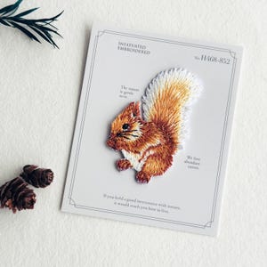 May include: Embroidered squirrel patch in brown, orange, and white, on a white card. The card includes the text "INFATUATED EMBROIDERED" and "We love abundant nature.", along with other text.