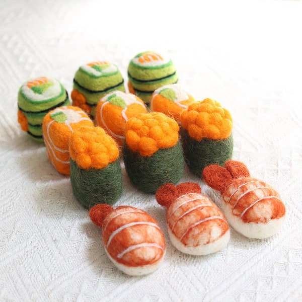 Felted Sushi, 4 Styles, Pretend Play Food, Toy Food, Kitchen Decor, Craft Supplies for Making Sushi Keyring, Bag Charm, Ornament