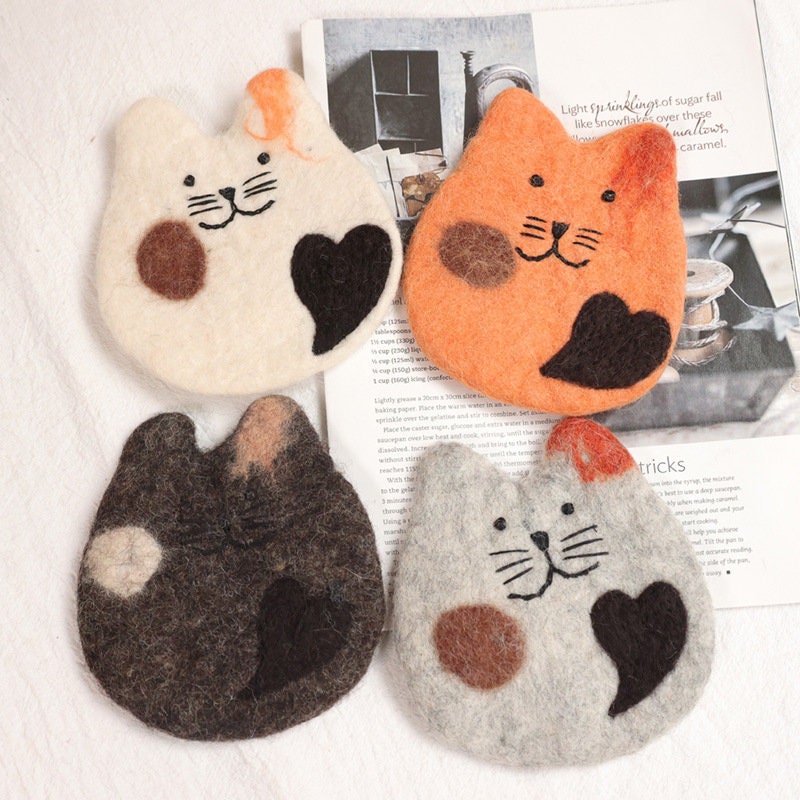 Cat Coasters, Felted Coasters, Felted Cat Coaster, Wool Felt