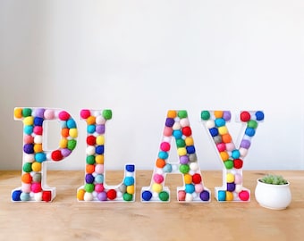 Felt Ball Letter LED Lights, Pom Pom Alphabet Letter Battery Operated Lamp, Rainbow Felt Ball Word PLAY, Nursery Home Wall Decor,