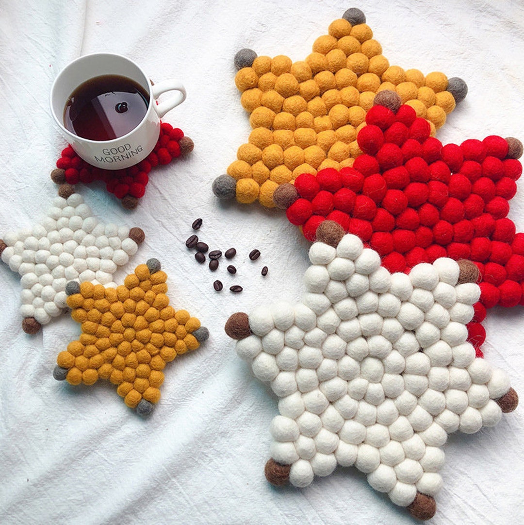 Star Felted Coaster, Hexagram Felt Ball Trivet, Wool Felt Potholder