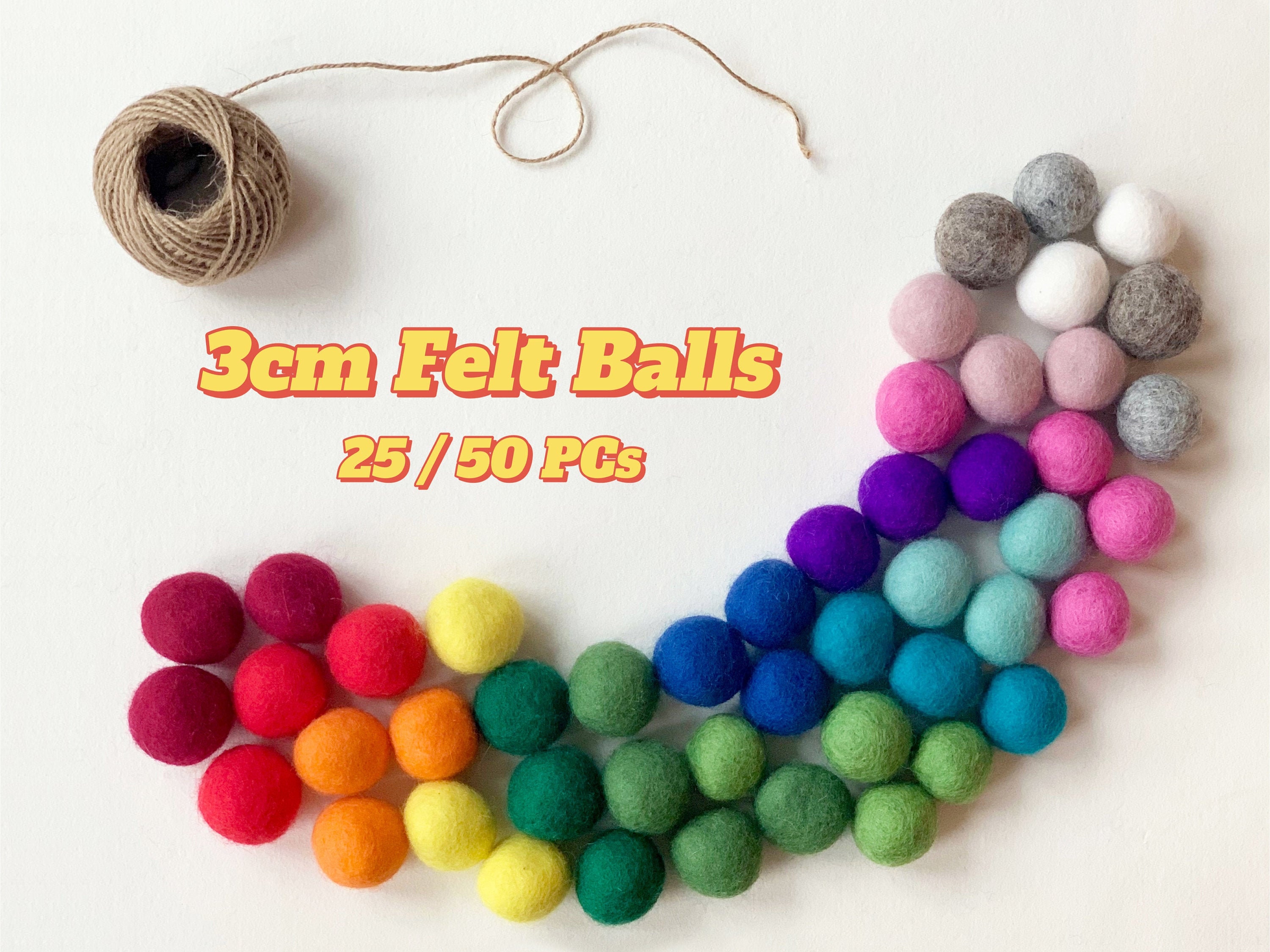 Handmade Wool Felt Balls, 2cm Diameter, SOLID colors, Set of 50