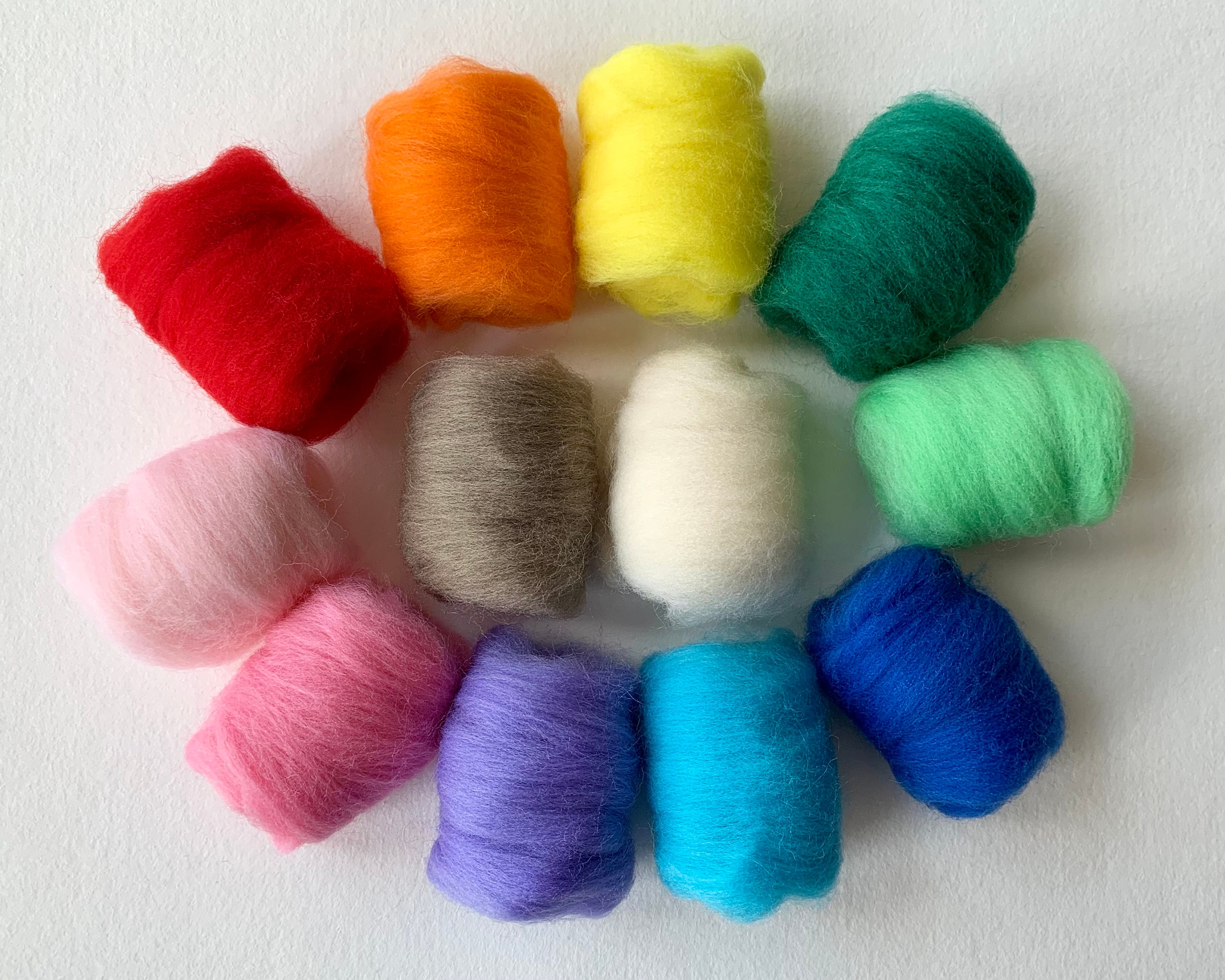 Felting Wool 12 Colors Set, Rainbow Colors, 120g/4.2 Oz, Needle
