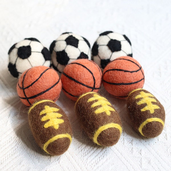 Felted Sports Balls, 3 Styles, Felt Basketball, Football, Soccer, American Football, Craft Supplies for making Ornament, Keyring, Bag Charm