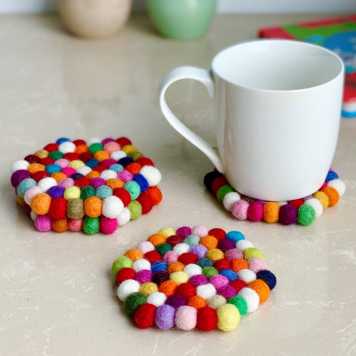 Felt Ball Coaster Set Felt Coasters Wool Felt Coaster Etsy