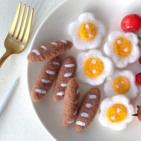 Felted Baguette, Felted Fried Egg, Felted Food, Wool Felt Food, Play Food, Needle Felt Baguette, Wool Felted Fried Egg, Woolen Food