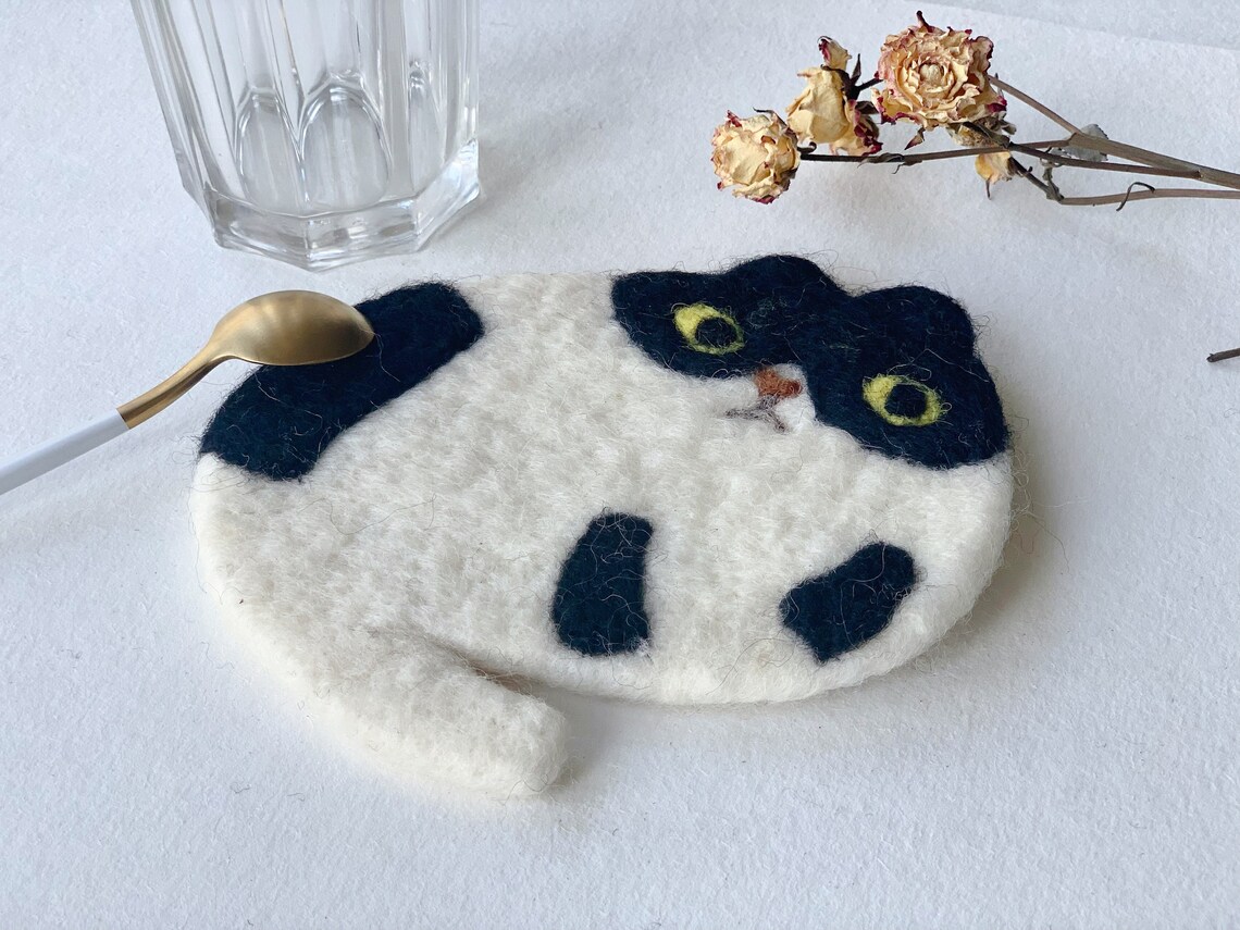 Cat Coasters Black and White Cat Coasters Felted Cat Etsy