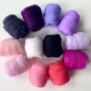 Felting Wool 12 Colors Set, Purple and Pink Colors, 120g/4.2 oz, Needle Felting Wool, Wool Roving for Felting, Felting Fiber, Merino Wool