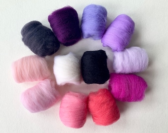 Felting Wool 12 Colors Set, Purple and Pink Colors, 120g/4.2 oz, Needle Felting Wool, Wool Roving for Felting, Felting Fiber, Merino Wool