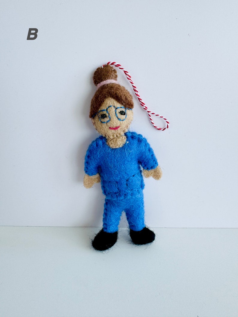 Felted Career Dolls, Wool Felt Doctor Ornament, Felted Nurse Ornament