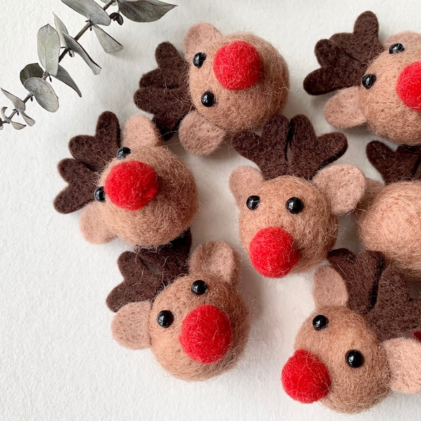 Felted Reindeer 10 Pcs, Felted Rudolph, Felted Accessories, Needle Felted Reindeer, 3cm Felt Reindeer Head, Christmas Decor