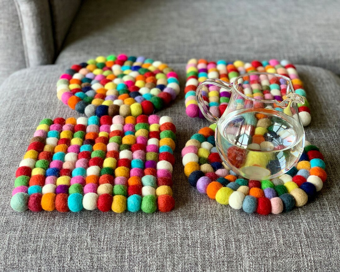 Rainbow Felted Trivet, Felt Ball Trivet, Wool Felt Potholder, Rainbow