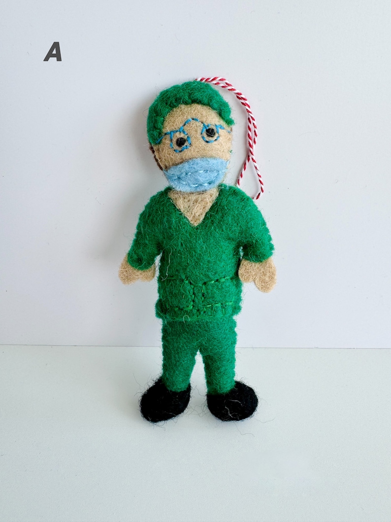 Felted Career Dolls, Wool Felt Doctor Ornament, Felted Nurse Ornament
