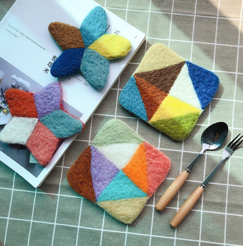 Geometric Pattern Wool Felt Coasters Multicolor Felted Etsy