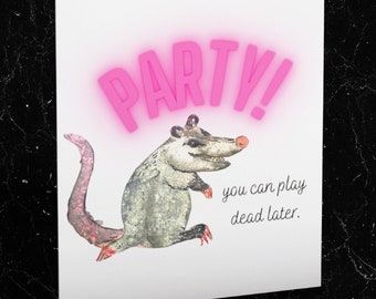 Party Opossum Greeting Card, blank card, neon party