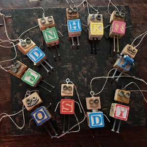 Custom Baby Bot Alphabet Block Ornament, Choose the letter, made to order, wood robot, Christmas ornament