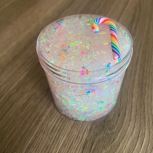 Crushed Fruity Candy Canes | Scented Coated Clear Glue Bingsu Slime | Available in 6oz & 8oz Screw Top Containers | ShopSlimeSavvy |