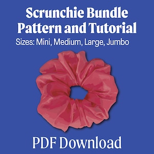 Könnte beinhalten: Ein rosa Haargummi, ein Scrunchie, in verschiedenen Größen: Mini, Medium, Large und Jumbo. Das Haargummi befindet sich auf einem blauen Hintergrund. Der Text "Scrunchie Bundle Pattern and Tutorial" und "PDF Download" ist ebenfalls auf dem Bild zu sehen.