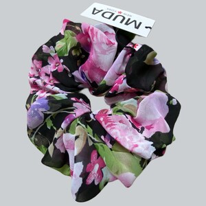 Black and Pink Floral Chiffon Scrunchie