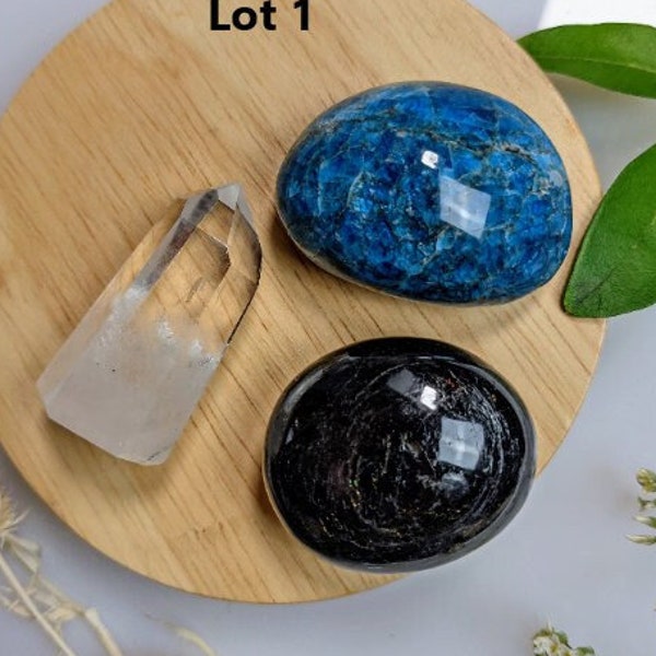 Pack lithotherapie, lot de 3 pierres tourmaline noire, Apatite bleue et prisme cristal de roche, 100% naturelle Bien-être et lithothérapie