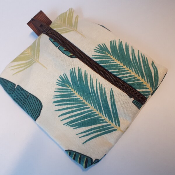 Wallet, small rectangular kit, beige cotton with palm leaves, handmade