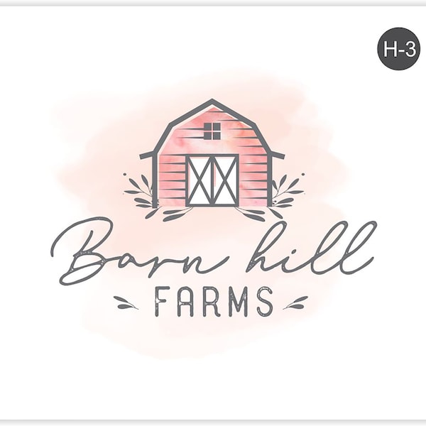 barn logo design, pink watercolor, cute farmhouse farm house hand drawn logo, premade logo, rustic farm logo , farm logo, freehand logo