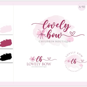 Design logo fiocco, logo prefabbricato, logo boutique per bambini, kit di branding per fotografia ad acquerello rosa, kit di branding per bambini, logo rosa