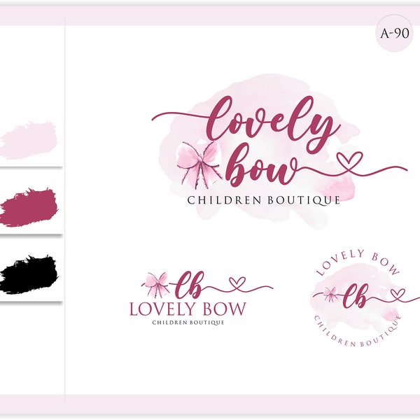 Bow Logo Design, Premade logo, baby boutique logo, Pink  Watercolor Photography Branding Kit, Children Kids Branding Kit, pink logo