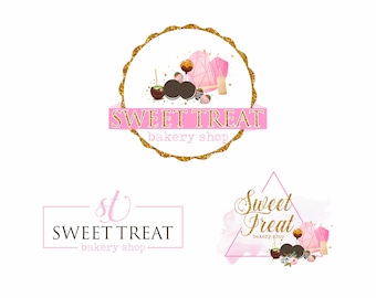 Puede incluir: Tres diseños de logo diferentes para una panadería llamada "Sweet Treat". El primer logo presenta un círculo de purpurina dorada con una cinta rosa que dice "Sweet Treat bakery shop". El segundo logo presenta un rectángulo rosa con una "st" de purpurina dorada y el texto "Sweet Treat bakery shop". El tercer logo presenta un triángulo rosa con un efecto acuarela de purpurina dorada y el texto "Sweet Treat bakery shop".