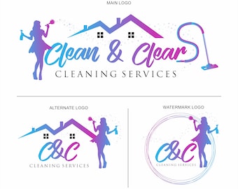 Puede incluir: Un logotipo para un servicio de limpieza llamado "Clean & Clear" que presenta una casa rosa y azul con una mujer sosteniendo un spray de limpieza y una aspiradora. El logotipo alternativo muestra las iniciales "C&C" con una mujer sosteniendo un spray de limpieza y una casa. El logotipo de marca de agua muestra las iniciales "C&C" en un círculo con una mujer sosteniendo un spray de limpieza.
