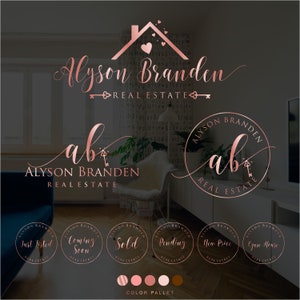 Logotipo imobiliário, logotipo de coração, logotipo chave, logotipo de ouro rosa, logotipo de corretor de imóveis, marketing imobiliário, kit de branding, pacote de branding imobiliário