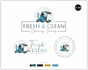 May include: Logo design for a cleaning service called "Fresh & Clean". The logo features a blue and gold cleaning supply icon with a white background and a blue, black, and gold color palette.