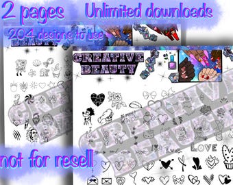 Szablon do zdobienia paznokci. 2 strony, 204 wzory. Pobierz cyfrowo creativebeauty