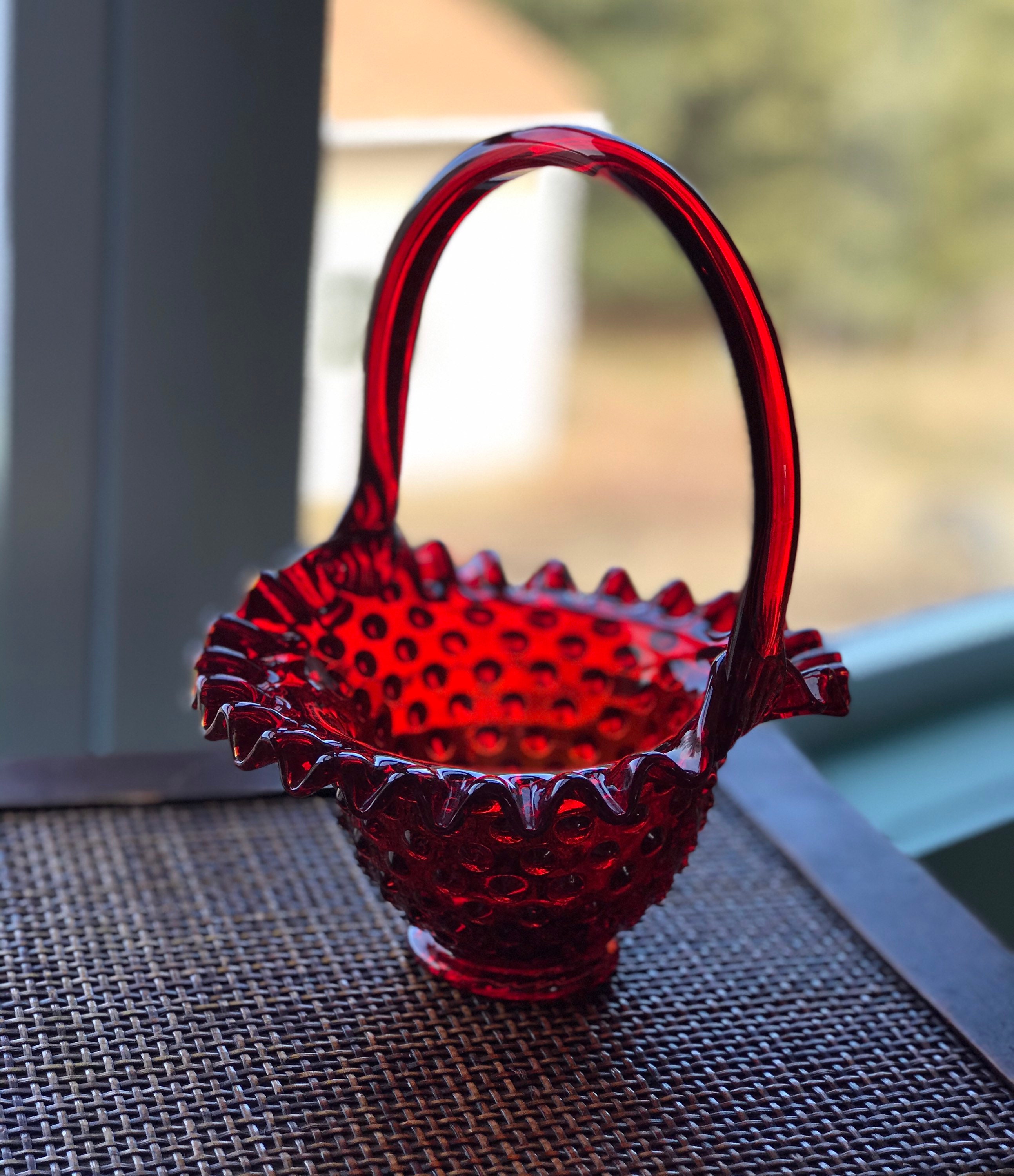 Vintage Fenton Ruby Red Hobnail Glass Basket With Ruffled Etsy