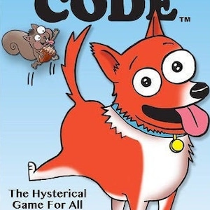 May include: A cartoon image of a dog with orange and white fur, a blue collar, and a pink tongue. The text "PUPPY CODE" is at the top, with a squirrel and the text "The Hysterical Game For All Dog Lovers!" at the bottom.