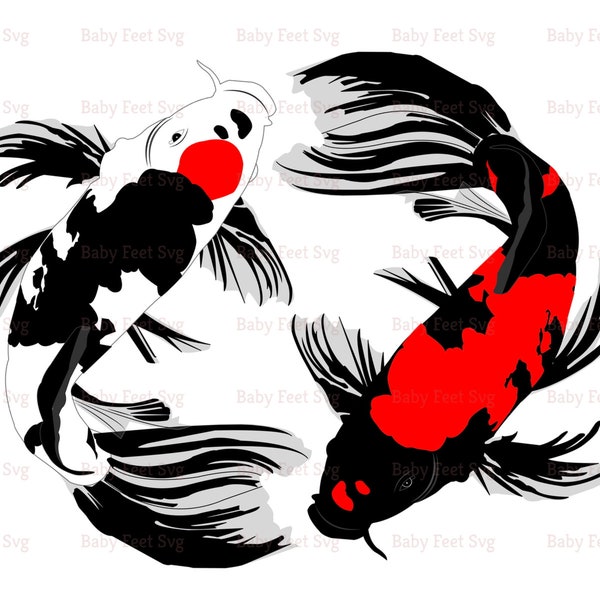 Koi Fish Svg, Koi Carps Svg, Traditional Asian Oriental Art, Japan Yin Yang, Koi Fish Png, Koi Fish Clipart, Silhouette File Dxf Png Digital