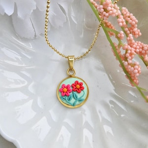Pink Floral Polymer Clay Pendant Necklace: Gold Chain Cottagecore Jewelry