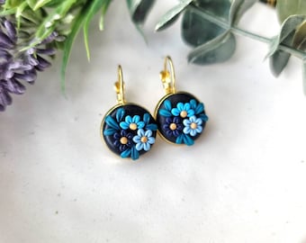 Black Blue Floral Bezel Dangle Earrings/ Dainty Small/ Hypoallergenic/ Gifts for her/ Lead Nickel free/Elegant Understated/ Colourful Cute
